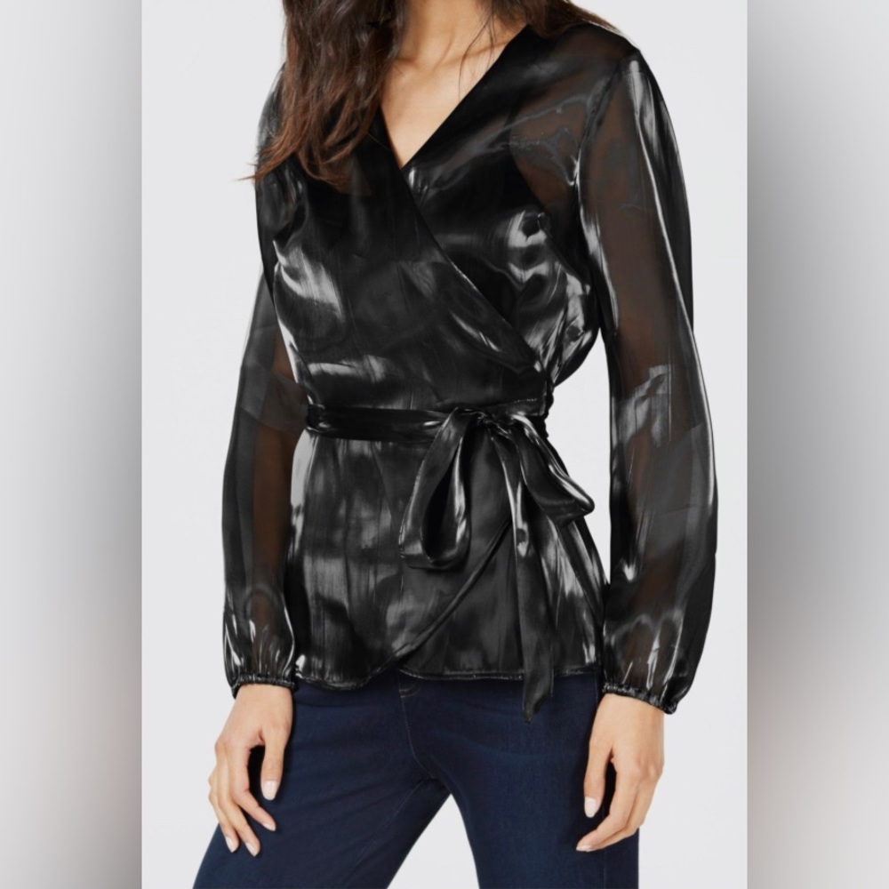 NWT-INC INTERNATIONAL CONCEPTS Women's Black Long-Sleeve Wrap Blouse Top Size M